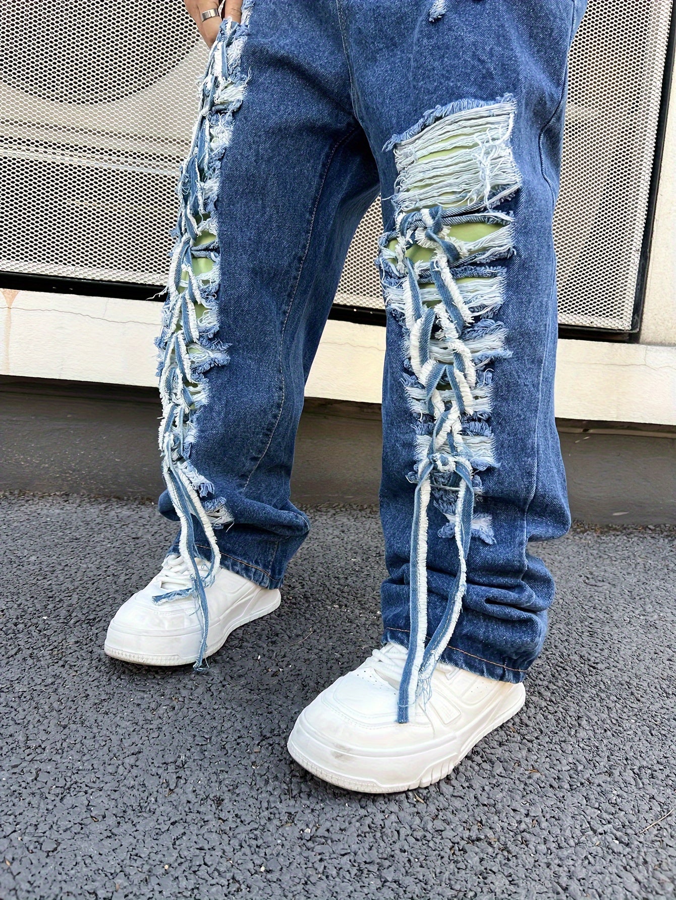 Men's Chic Ripped Braided String Patched Design Wide Leg Jeans - Loose Fit, Fluid, Comfortable Denim Pants for Street Style Fashion - High-Quality Fabric, Stylish, Versatile, and Fashionable