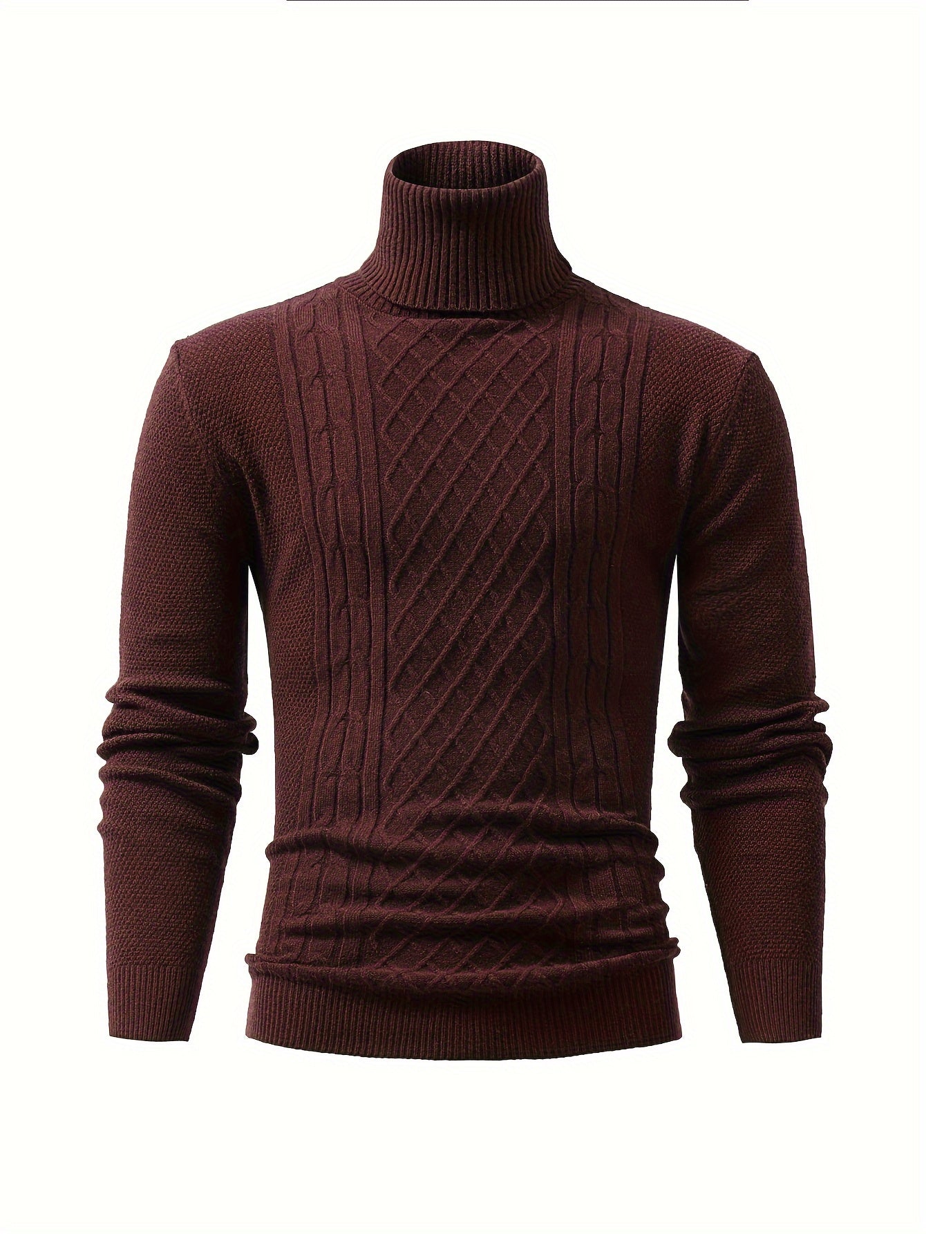 Turtle Neck Knitted Cable Sweater, Men's Casual Warm Solid High Stretch Pullover Sweater For Fall Winter