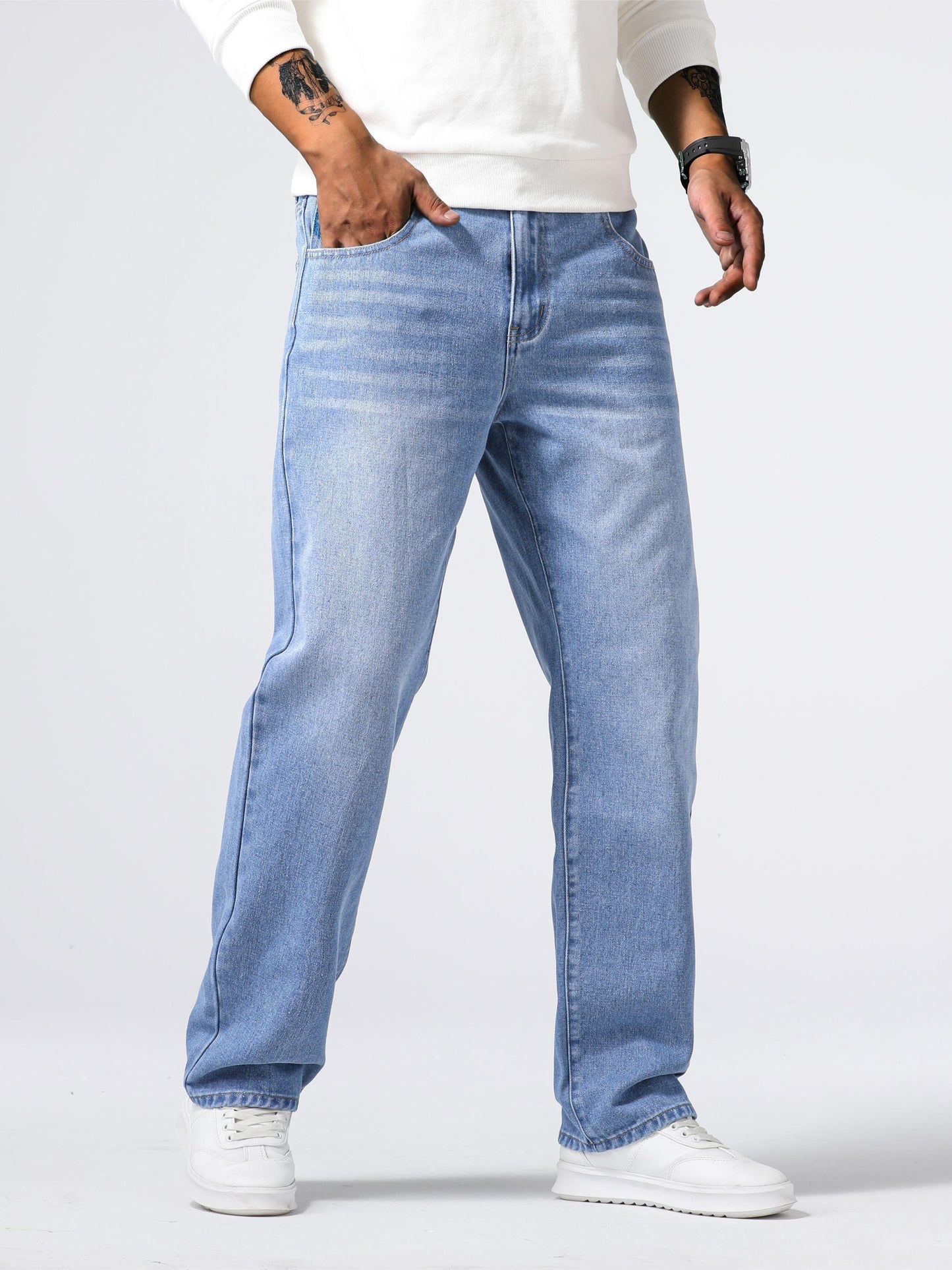 Relaxed Fit Straight Leg Jeans - Soft Washed Non-Stretch Denim, Casual Street Style Pants for Adults, All-Season Comfortable Wear with Solid Color and Regular Length