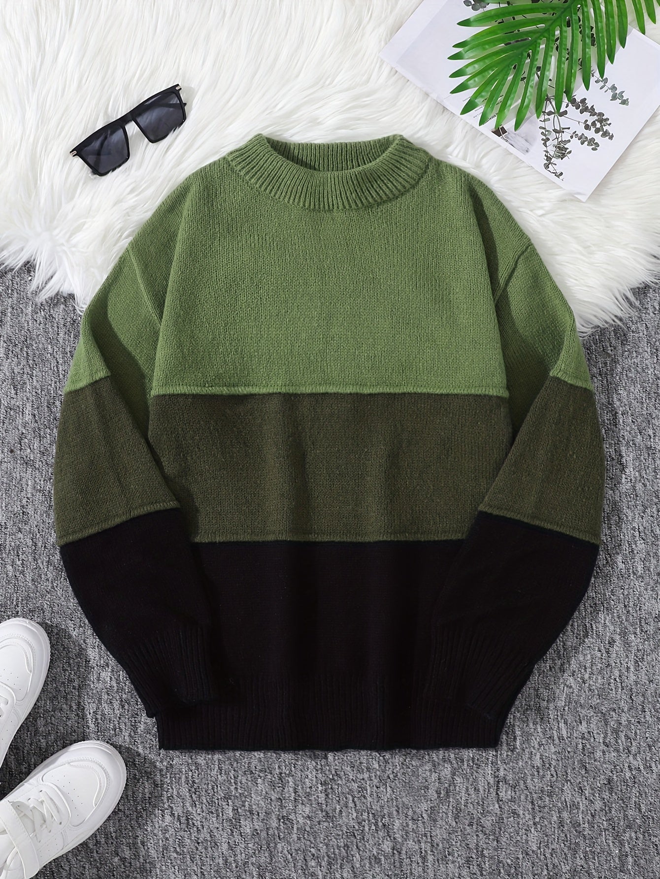 Men's Color Block Pullover Sweater - Long Sleeve Crew Neck Regular Fit, Trendy and Casual for Autumn Winter Daily Wear