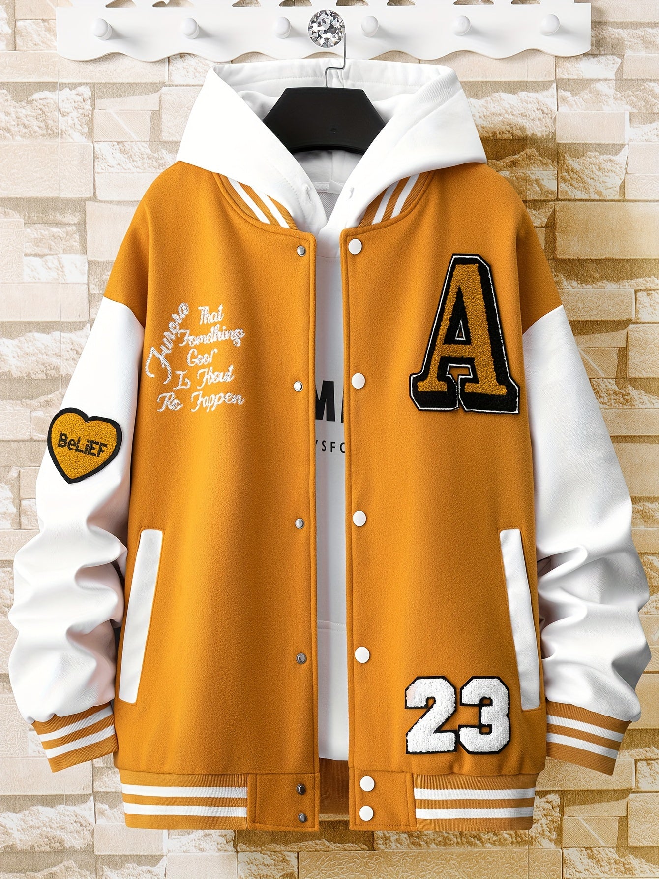 Alphabets Print Color Block Varsity Jackets, Men's Casual Baseball Collar Jacket Coat For Spring Fall