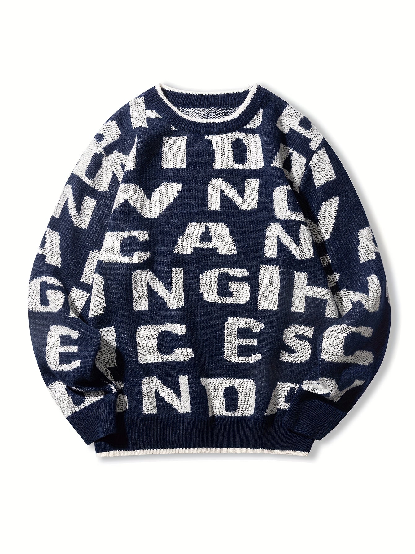 All Match Knitted Letter Print Sweater, Men's Casual Warm Slightly Stretch Crew Neck Pullover Sweater For Fall Winter