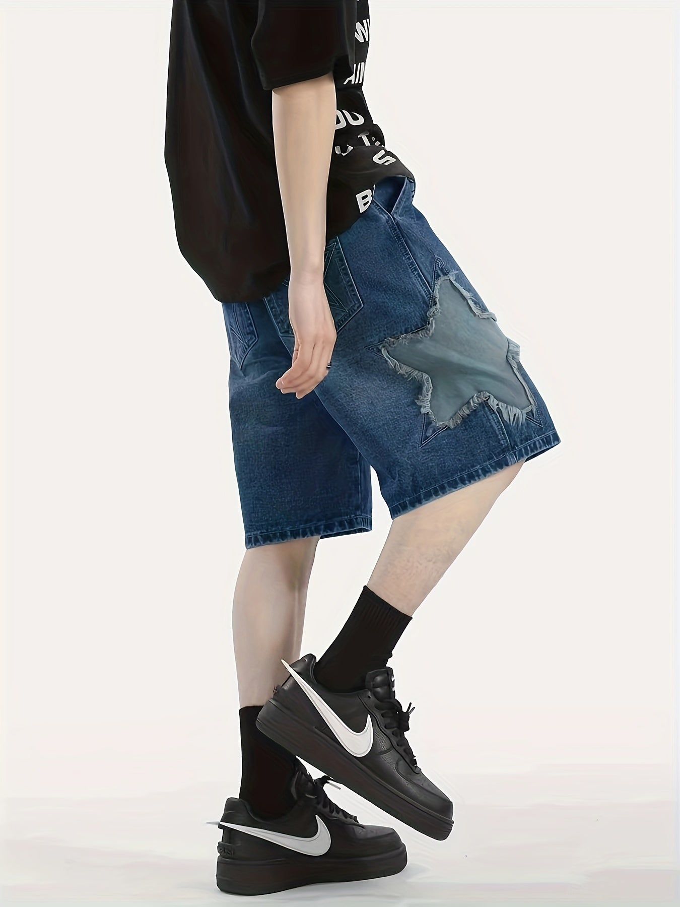 Men's Solid Wide Leg Denim Shorts With Star Pattern, Summer Trend Leisure Jorts