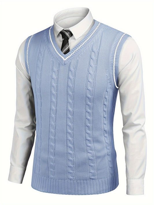 Men's Contrast Color Stripe Pattern And Geometric Graphic Knit V-neck Sweater Vest, Casual And Chic Tops For Men's Autumn And Winter Leisurewear