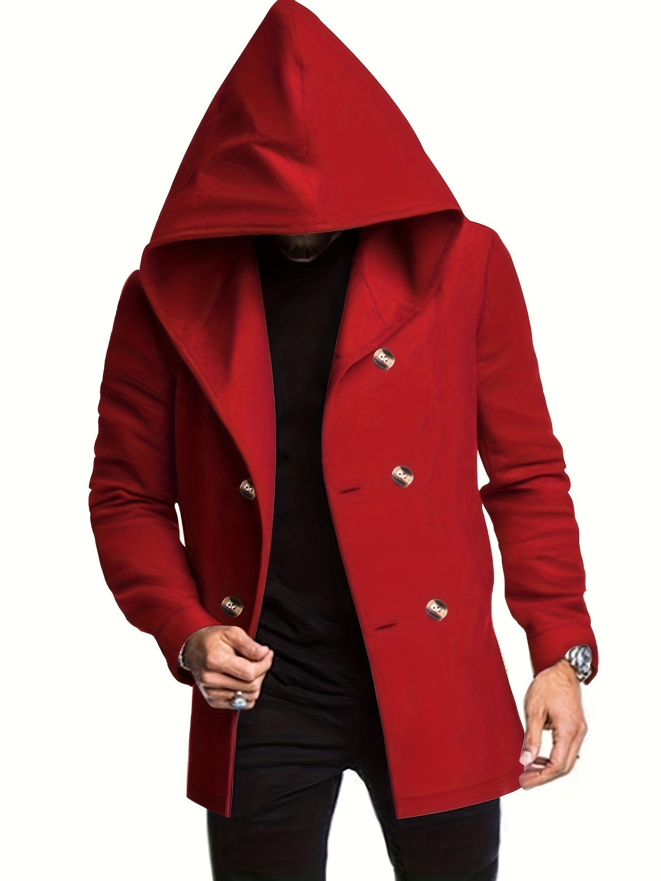 Men's Stylish Mid-Length Hooded Trench Coat - Soft Cotton Blend Knit Fabric with Slight Stretch for Comfort, Solid Color Long Sleeve Outerwear with Classic Button Details and Adjustable Cuffs for Spring/Fall Season