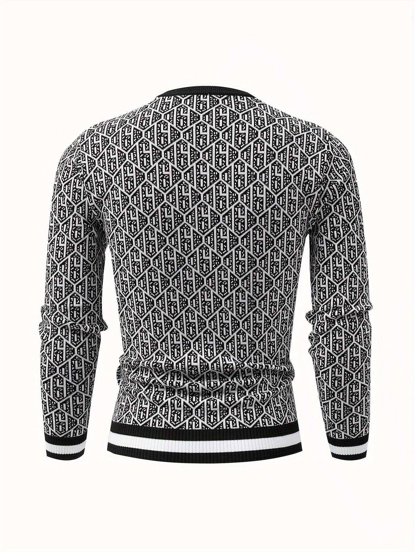 Men's Stylish Geometric Pattern Knitted Pullover, Casual Breathable Long Sleeve Crew Neck Top For City Walk Street Hanging Outdoor Activities