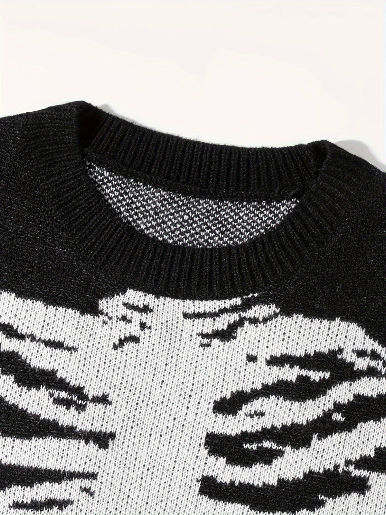 Skeleton Pattern Knitted Sweater, Men's Casual Warm Mid Stretch Crew Neck Pullover Sweater For Men Fall Winter