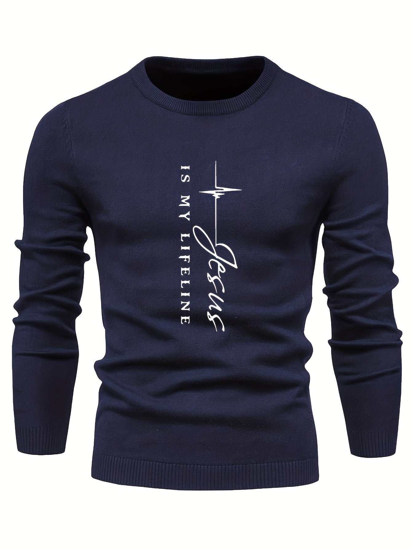 Christian Themed Letter Print Men's Casual Stretch Long Sleeve Knitted Round Neck Sweater, Spring Fall Pullover Top