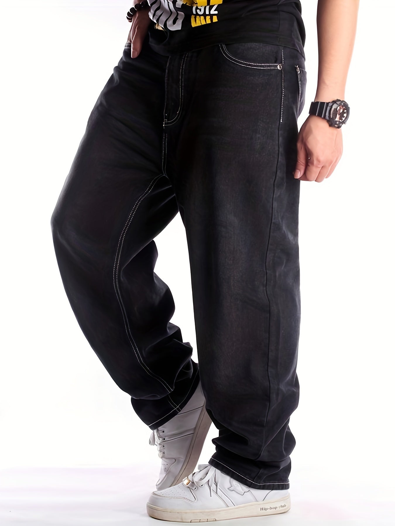 Men's Hip-Hop Style Extra-Long Jeans - Loose Fit, Casual Streetwear Denim Pants With Skateboard Detail, Machine Washable