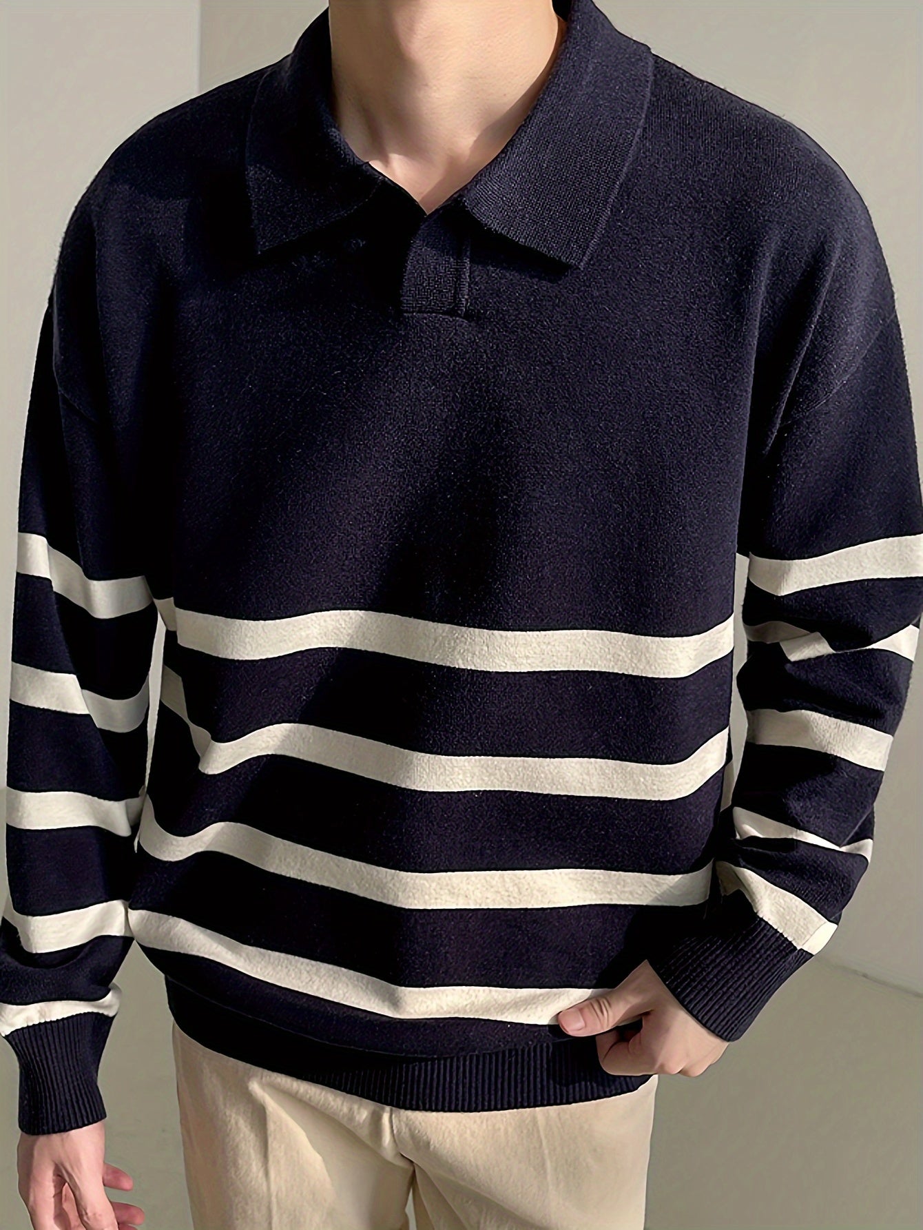 For Autumn And Winter, Long Sleeve Men's Color Blocking Striped Golf Shirt, Casual Stylish Top As Gift