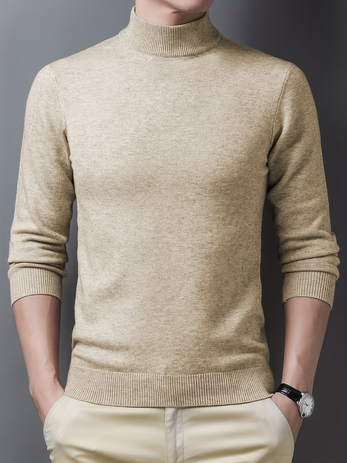 Men's Trendy Solid Knitted Pullover, Casual Mid Stretch Breathable Turtleneck Base Layer For Outdoor Fall Winter