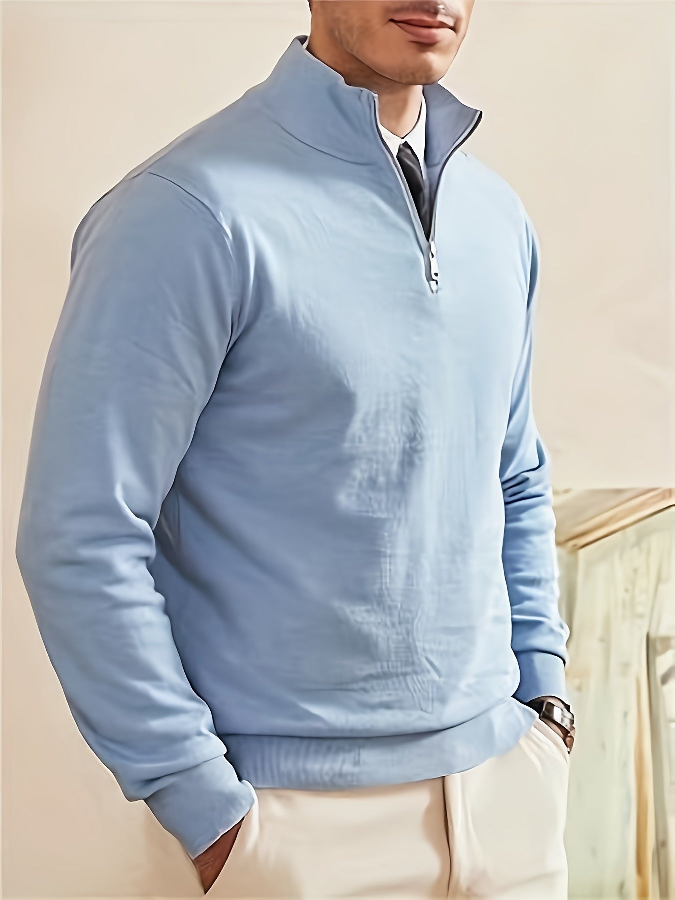 Men's Solid Knitted Pullover, Casual Long Sleeve Cotton Blend Half Zipper Stand Collar Sweater For Fall Winter