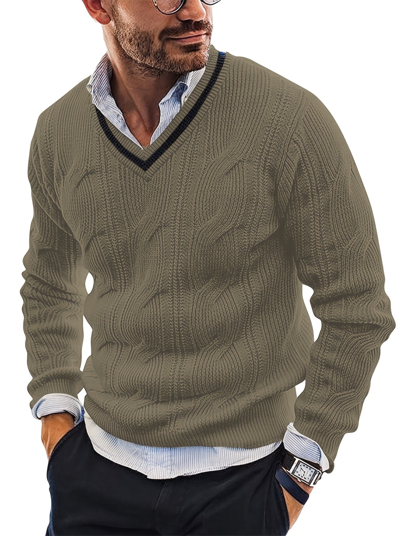 All Match Knitted Sweater, Men's Casual Vintage Warm High Stretch V Neck Pullover Sweater For Fall Winter Preppy