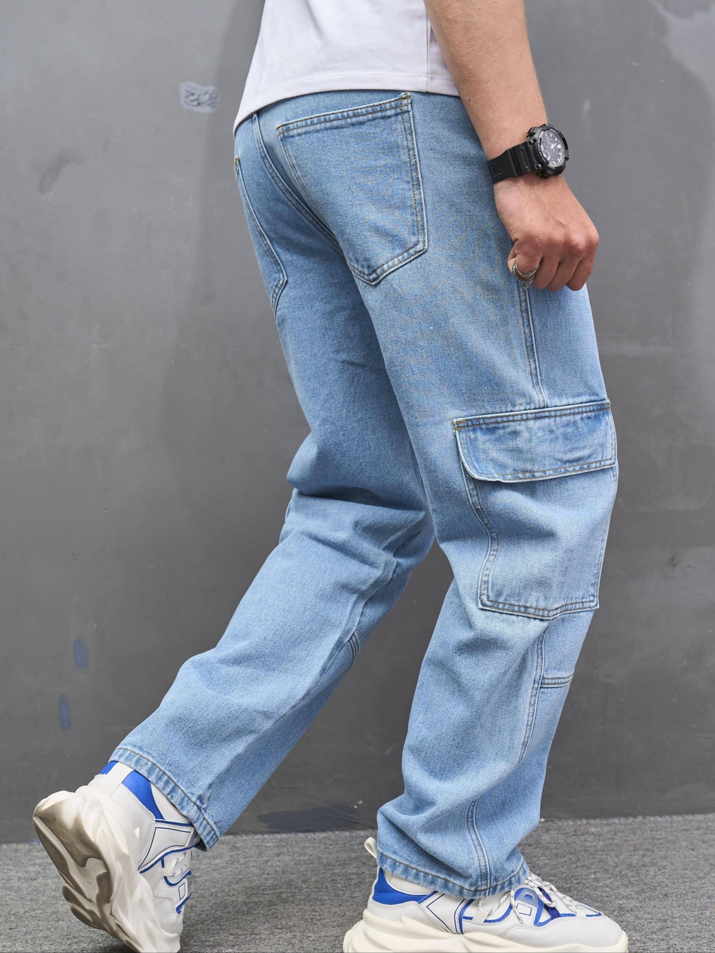 Men's Casual Fashion Multi-Pocket Cargo Jeans, Loose Fit Wide Leg Streetwear Denim Pants, Basic Style