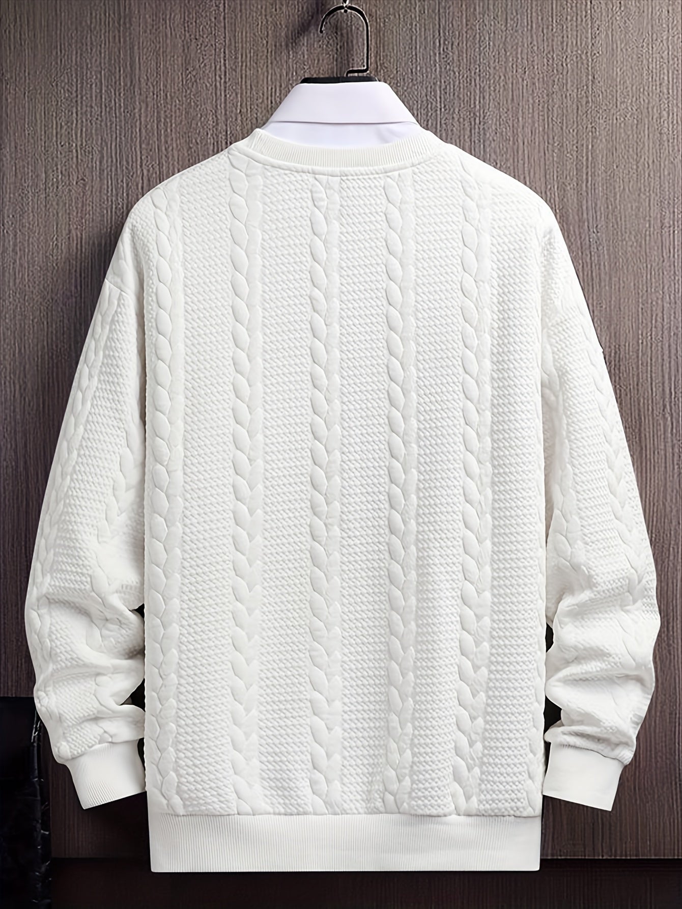 Autumn/Winter Essential: Men's Solid Color Long Sleeve Cable Knit Sweatshirt, Regular Fit, Polyester Knitted Fabric, Casual Round Neck, Versatile Top for Everyday Wear