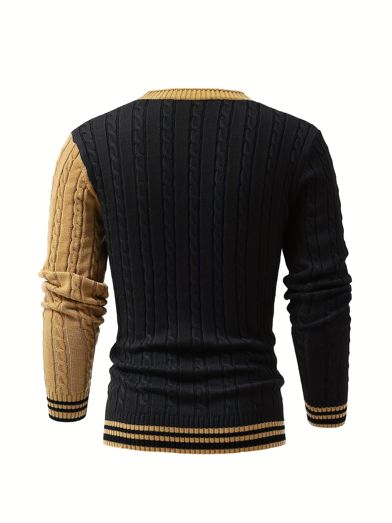 Men's Stylish Color Matching Knitted Pullover, Casual Breathable Long Sleeve V Neck Button Up Top For City Walk Street Hanging Outdoor Activities