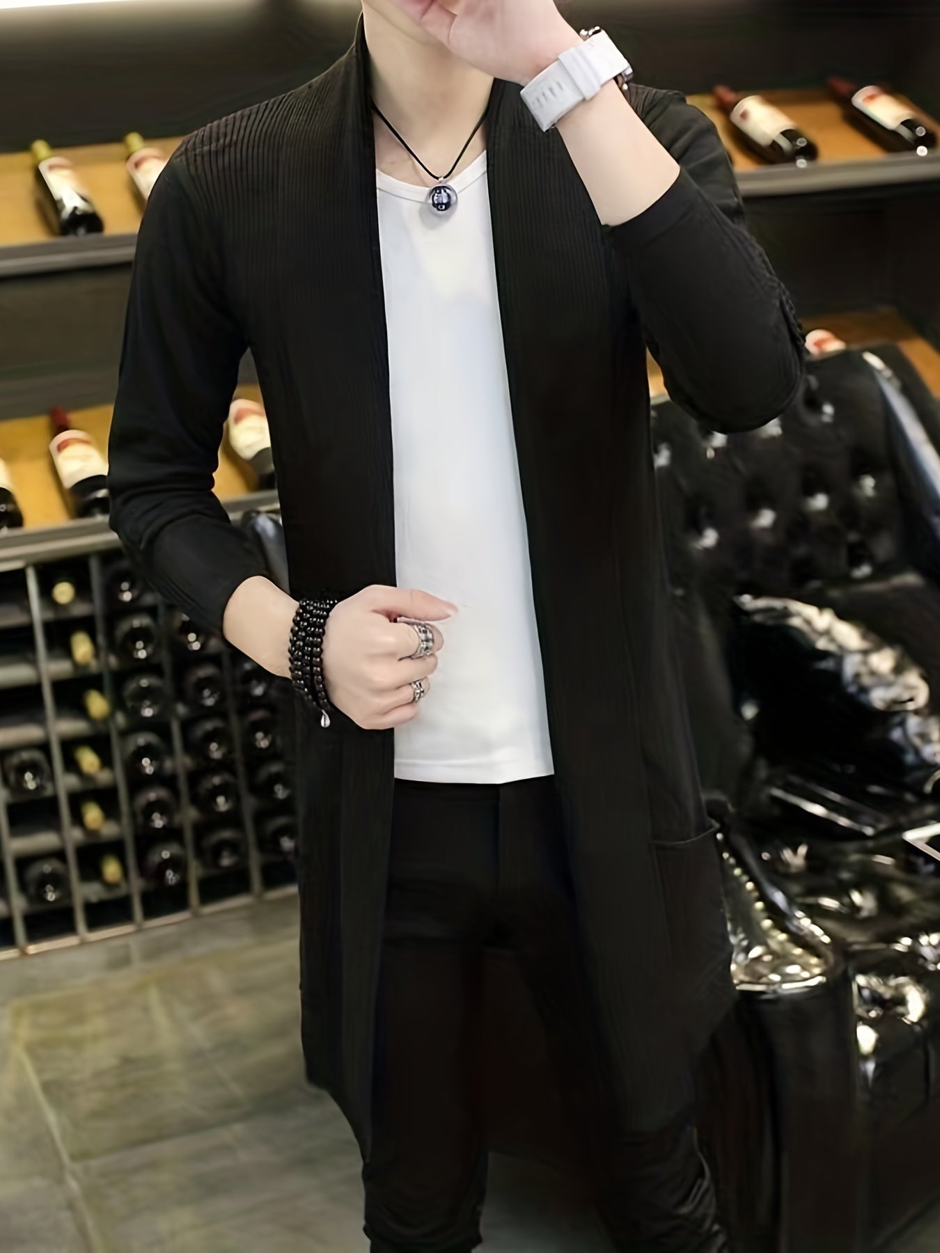 Elegant High Stretch Retro Cardigan, Men's Casual Vintage Style V Neck Open Front Overcoat Sweater Long Coat For Fall Winter