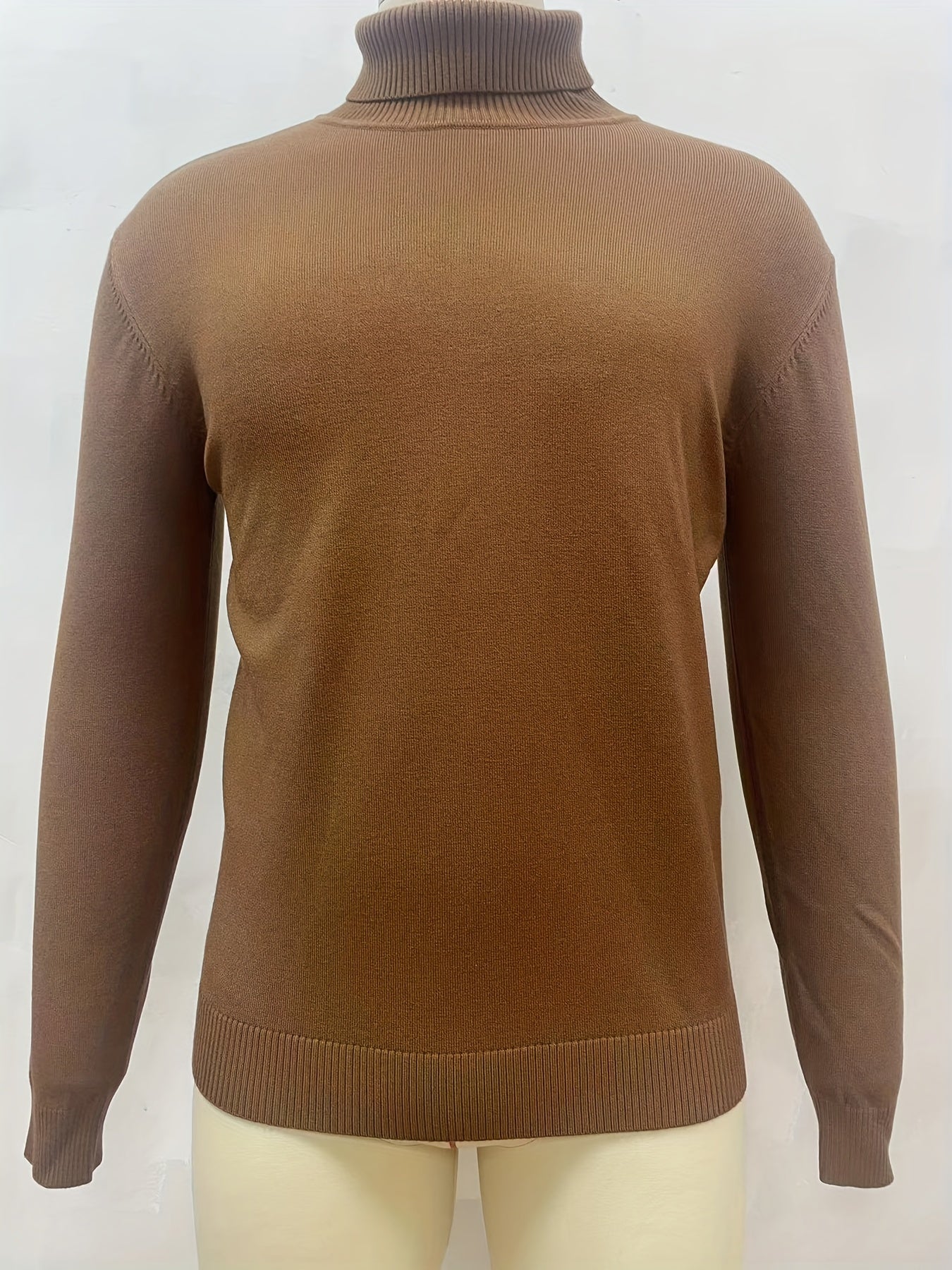 Turtle Neck Knitted Solid Sweater, Men's Casual Warm Slightly Stretch Pullover Sweater For Fall Winter