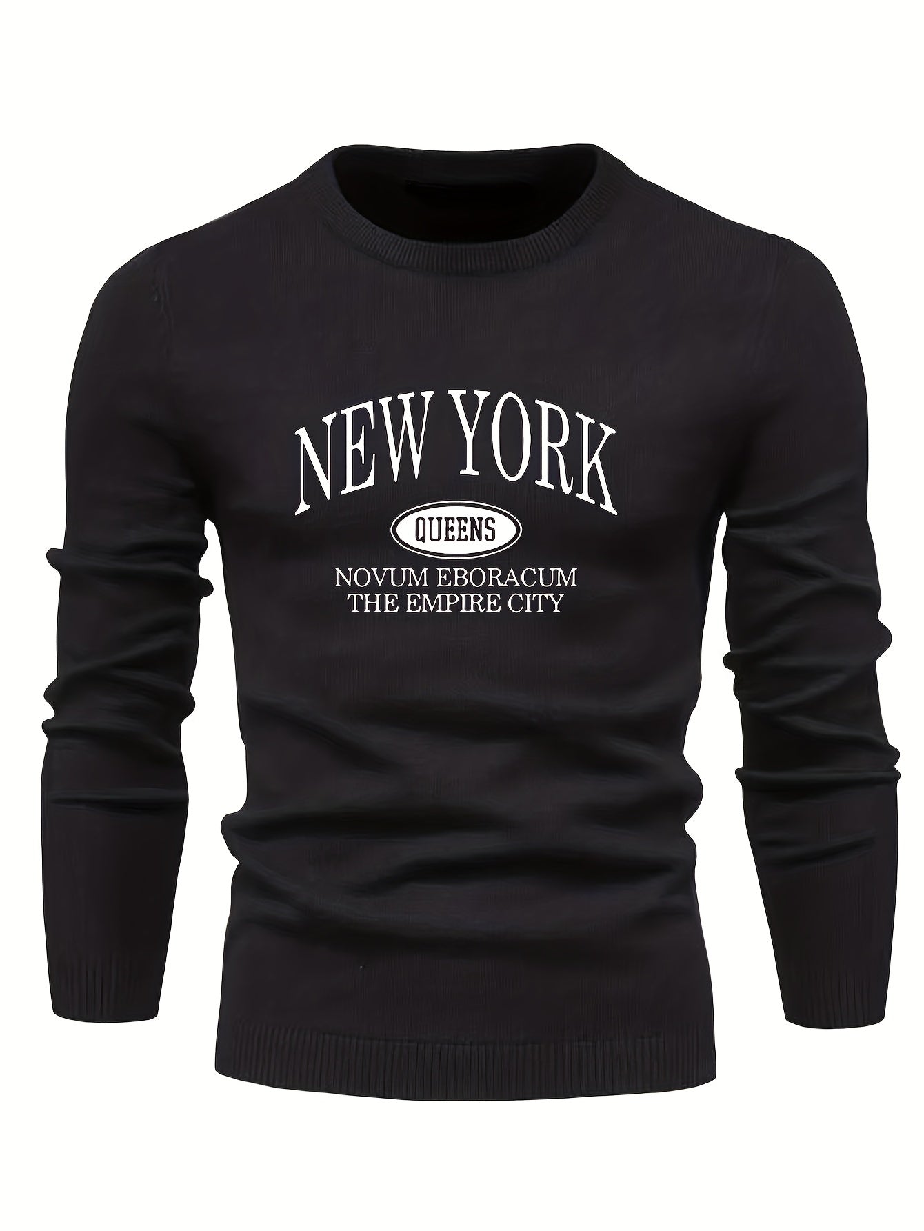 NEW YORK Print All Match Knitted Sweater, Men's Casual Warm Mid Stretch Crew Neck Pullover Sweater For Men Fall Winter