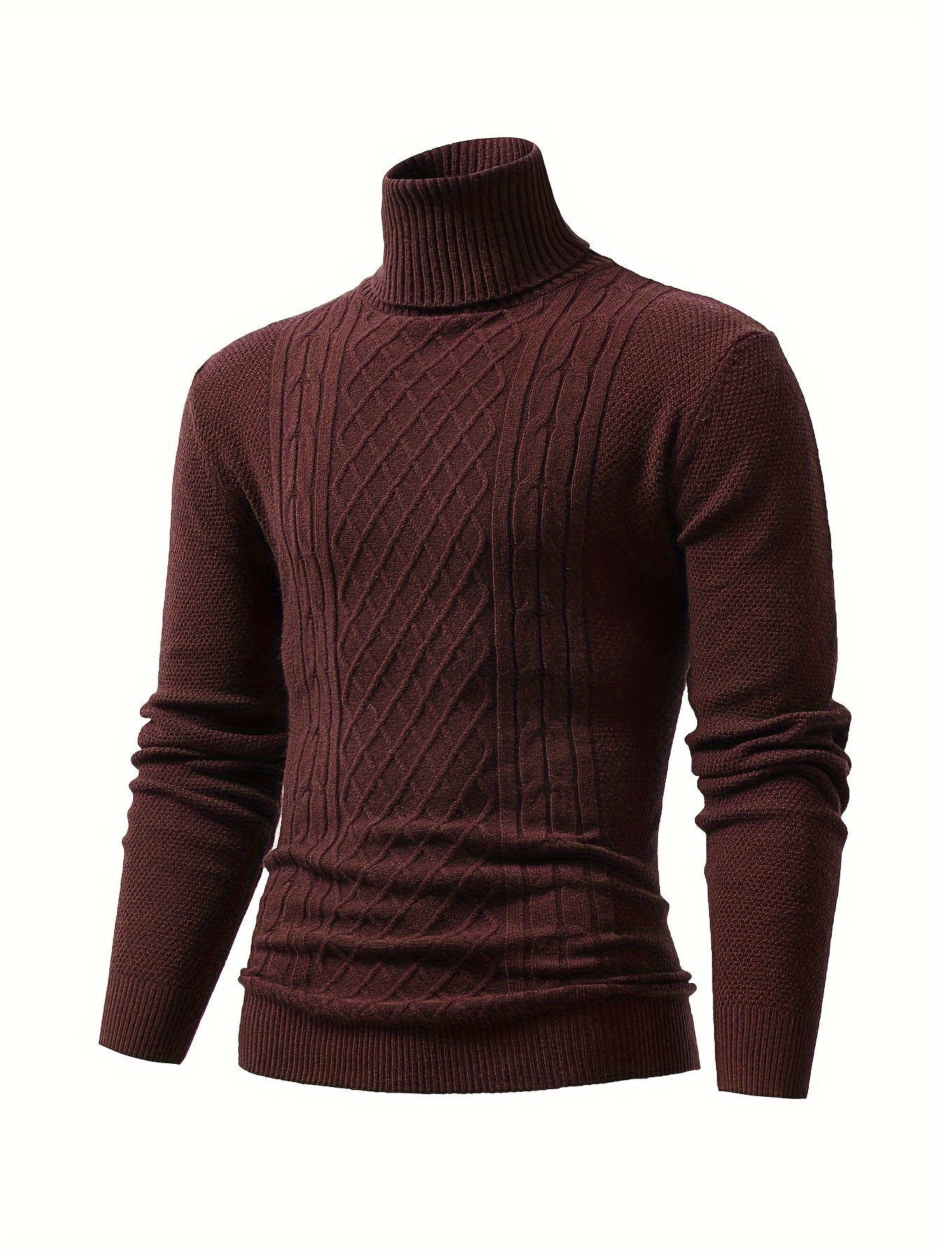 Turtle Neck Knitted Cable Sweater, Men's Casual Warm Solid High Stretch Pullover Sweater For Fall Winter