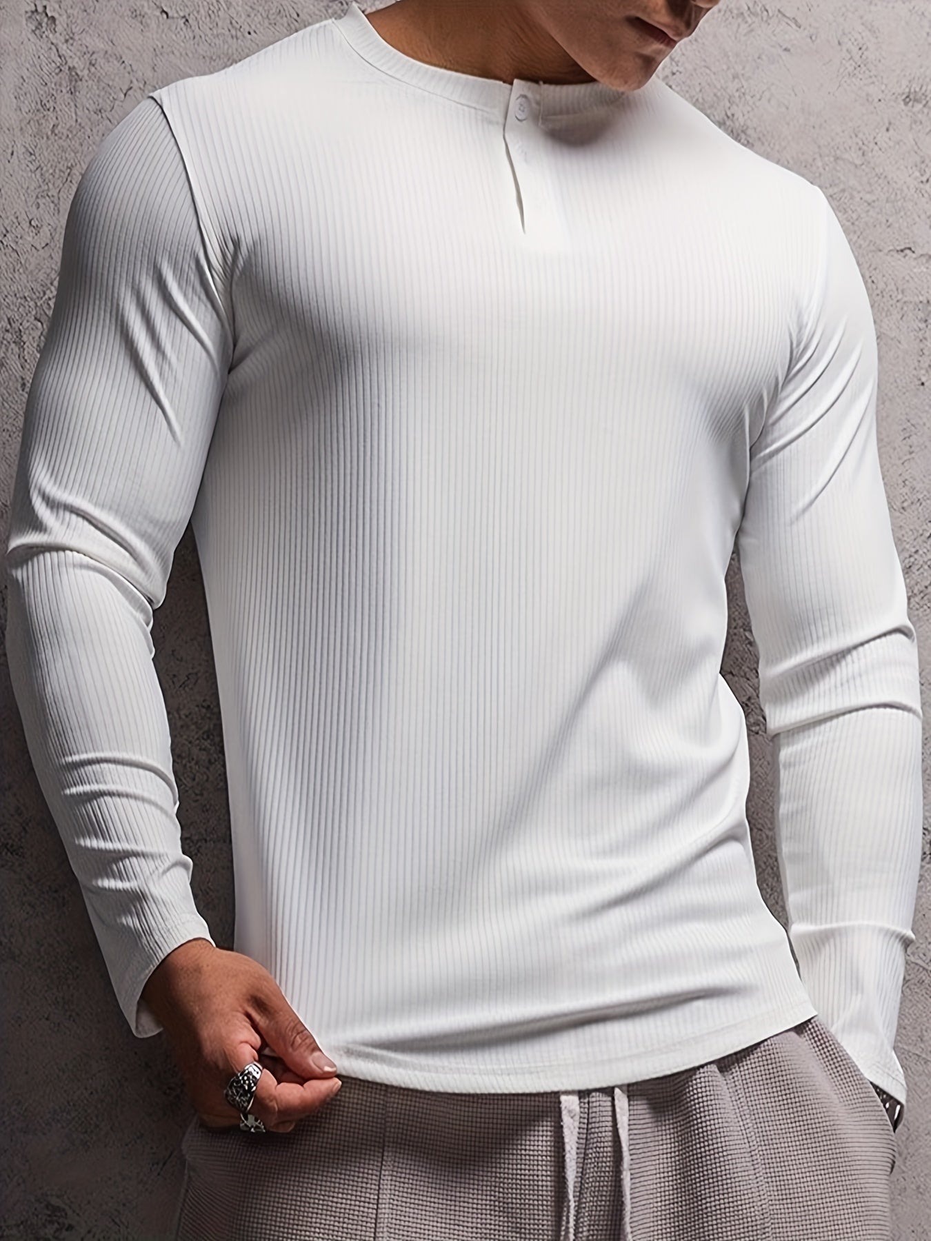 FORUWISH  -  Solid Stripe Men's Round Neck Long Sleeve T-shirt With Button, Men's Casual Comfy Stretch Tee For Spring Fall