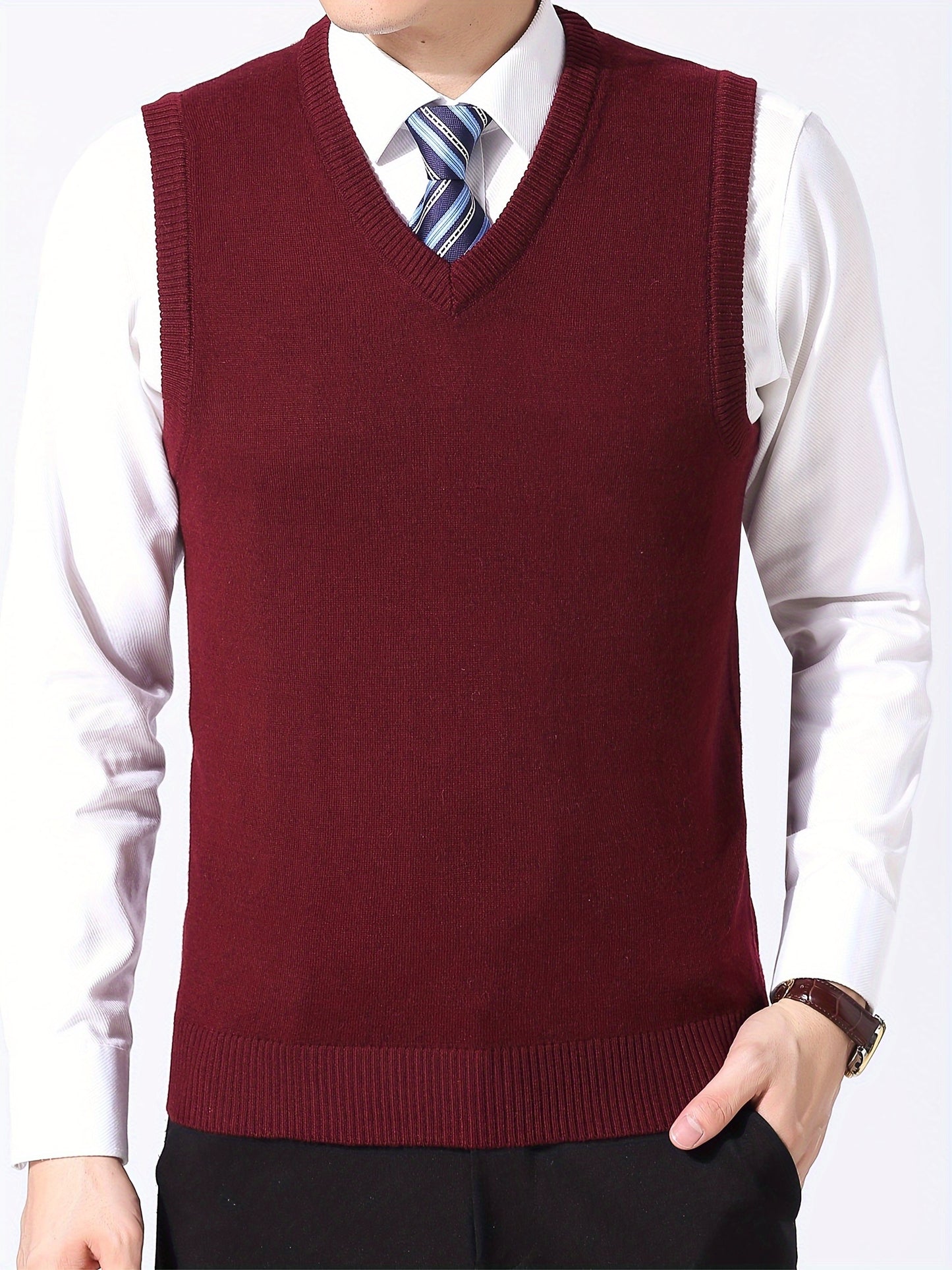 Elegant Slightly Stretch Vest, Men's Casual Vintage Style V Neck Sweater Vest For Fall Winter