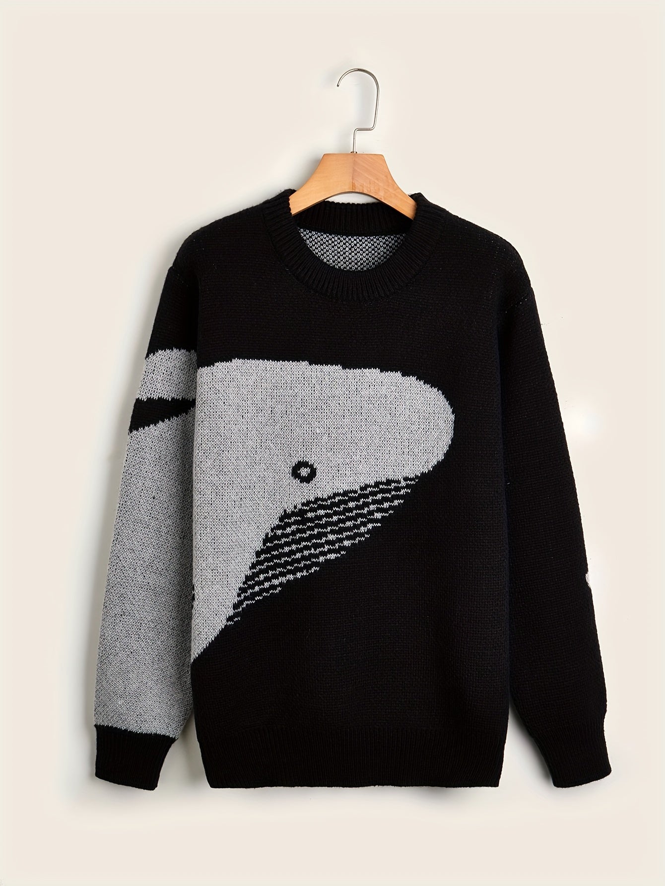 Cartoon Whale Print, Loose Fit Warm Sweater, Men's Casual Retro Style Slightly Stretch Crew Neck Pullover Sweater For Fall Winter