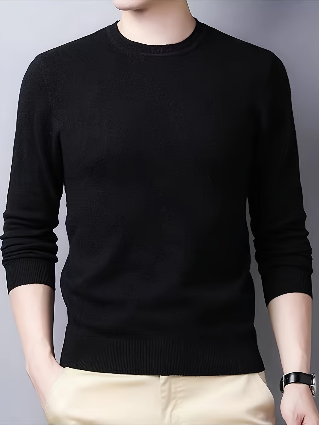 All Match Knitted Solid Sweater, Men's Casual Warm Slightly Stretch Crew Neck Pullover Sweater For Men Fall Winter