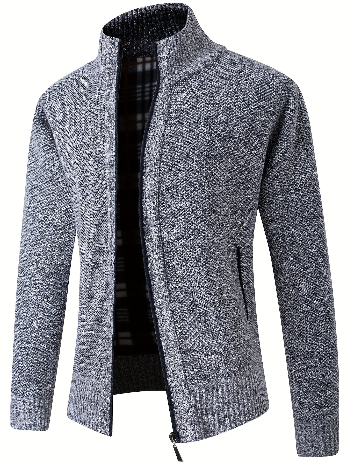 Warm Stand Collar Fleece Jacket, Men's Semi-formal Comfortable Solid Color Zip Up Knitted Cardigan For Spring Fall