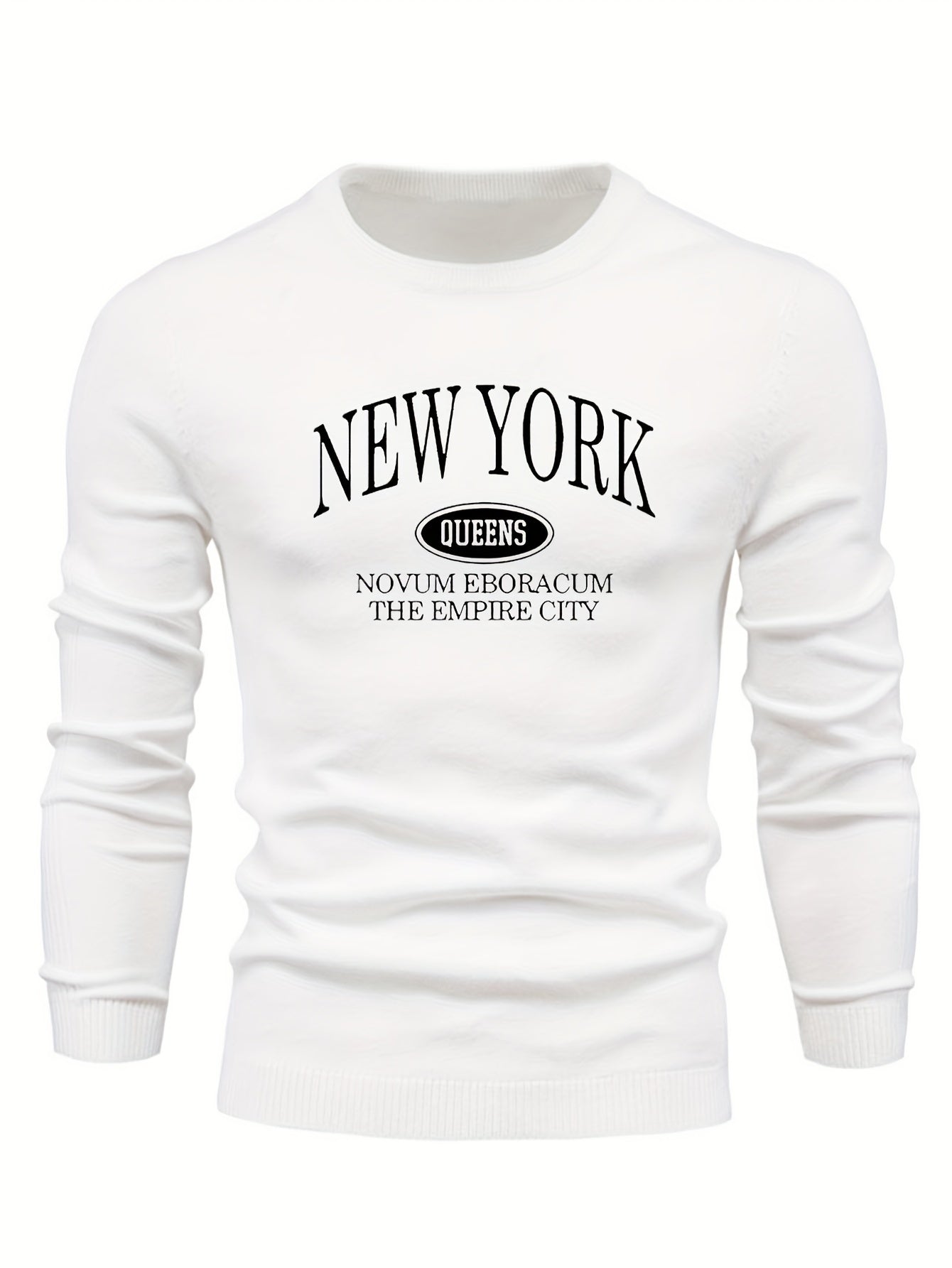 NEW YORK Print All Match Knitted Sweater, Men's Casual Warm Mid Stretch Crew Neck Pullover Sweater For Men Fall Winter