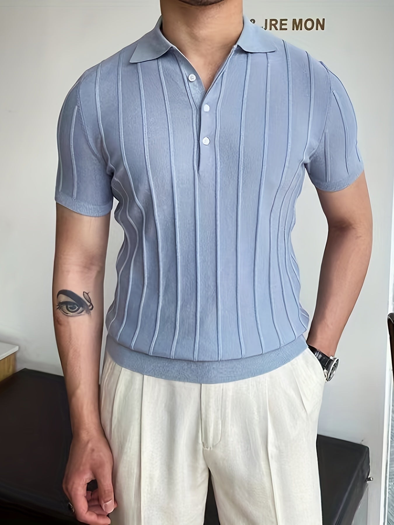 Vertical Striped Chic Shirt, Men's Casual Solid Color High Stretch V-Neck Pullover Sweater For Summer