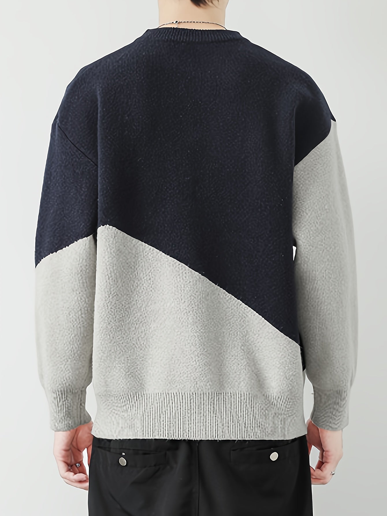 Men's Casual Color Block Sweater - Cozy Knit Pullover for Fall/Winter, Round Neck, Machine Washable, for Autumn, Spring