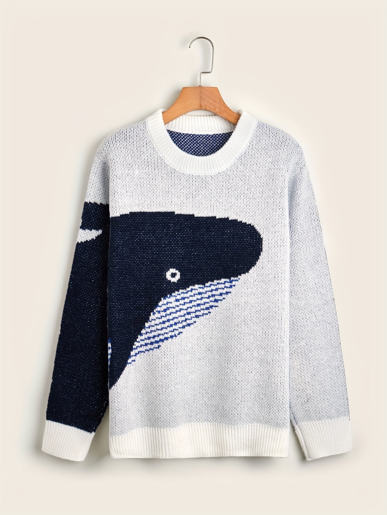 Cartoon Whale Print, Loose Fit Warm Sweater, Men's Casual Retro Style Slightly Stretch Crew Neck Pullover Sweater For Fall Winter