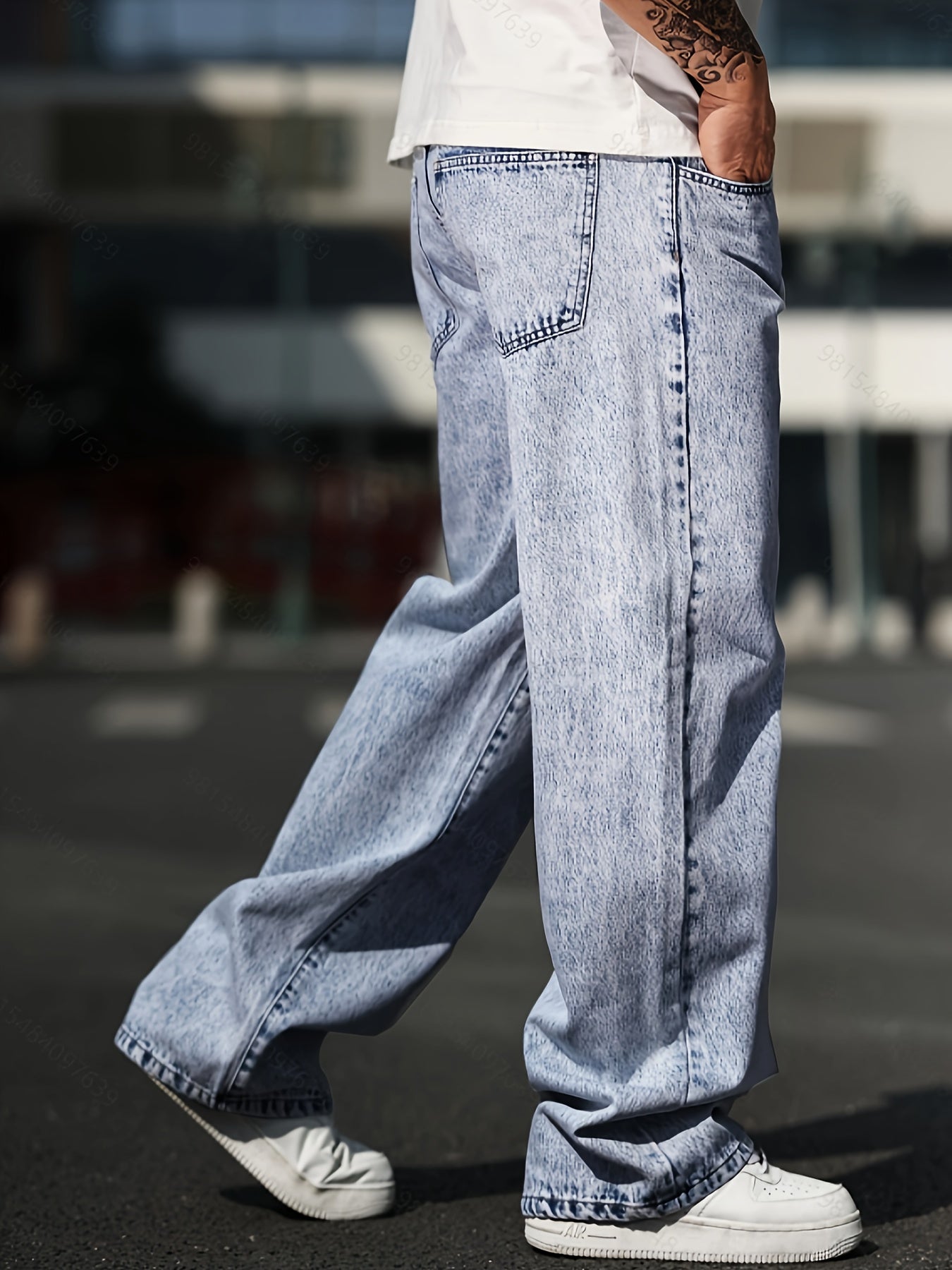 Men's Solid Wide Leg Jeans, Street Style Stylish Causal Denim Pants