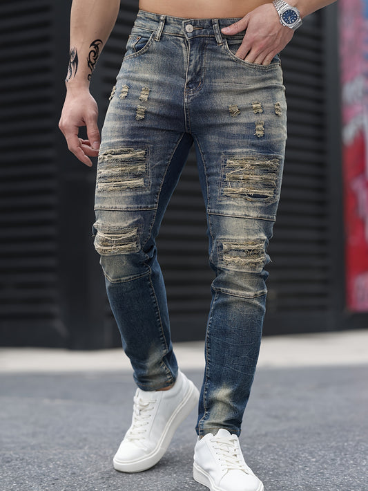 Stylish Gradient Ripped Skinny Jeans - Soft Cotton Blend, Slim Fit, Casual Street Style, Perfect for Spring Summer, Men's Fashion Essential