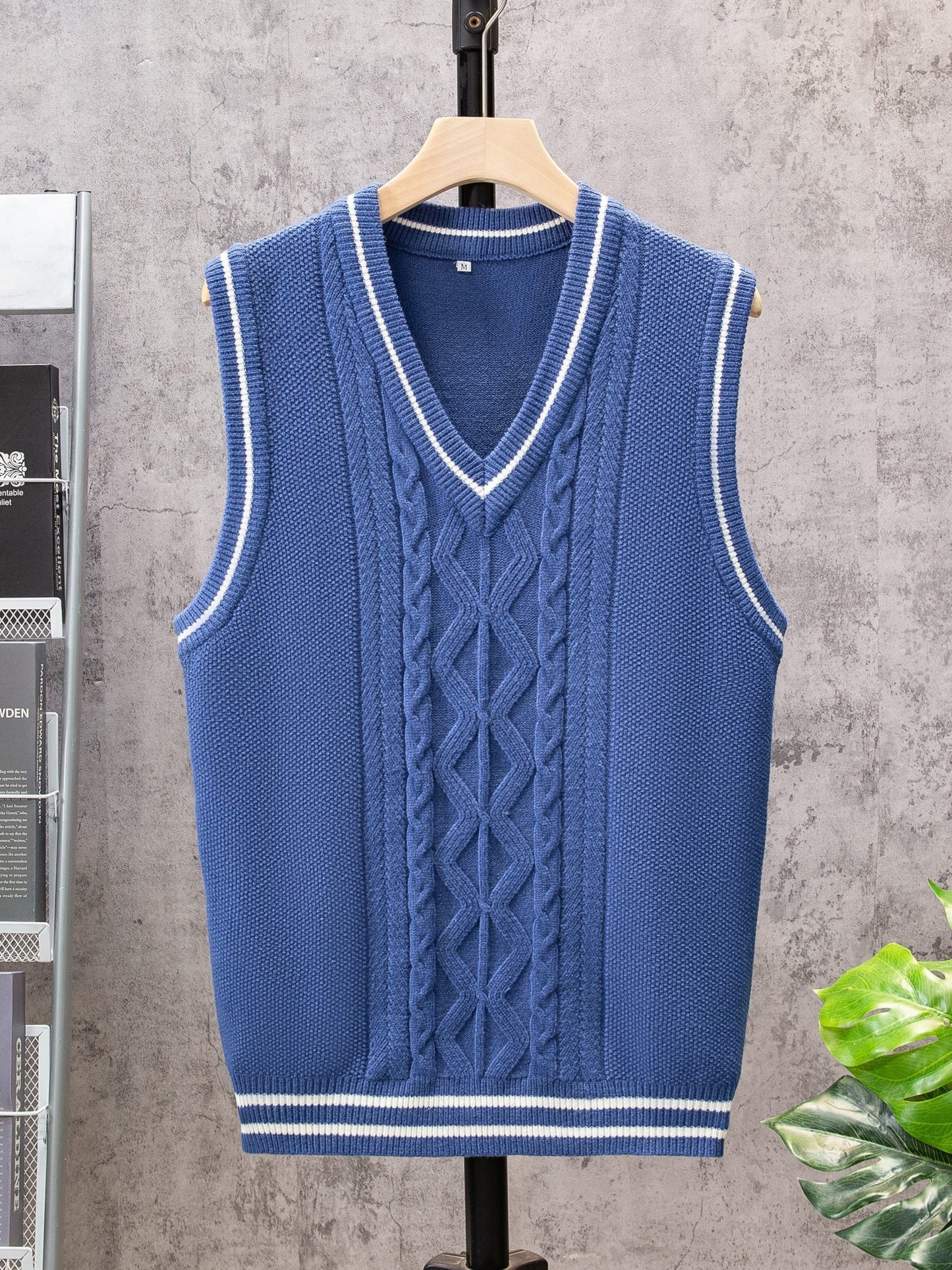 Casual Sleeveless V-Neck Sweaters, Men's Cable Knit Vest