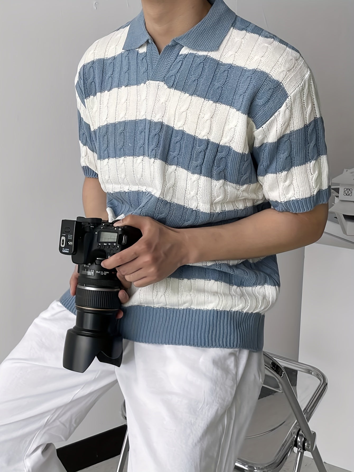 Men's Blue White Stripe Color Block Short Sleeve V Neck Lapel Shirt For Summer Daily