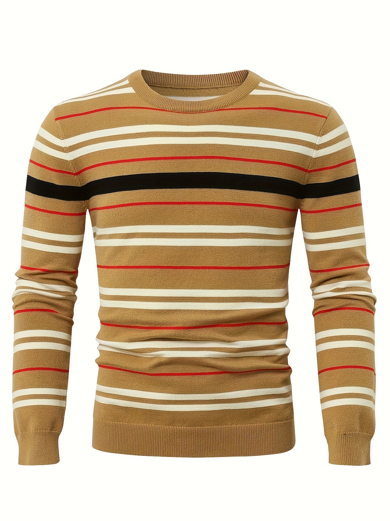 Cozy Striped Knit Pullover Sweater - Soft, Casual, Long Sleeve, Slim-Fit, Crew Neck, Fall and Winter Essential - Perfect for Men's Daily Wear, Outdoor Activities, and Gift Idea