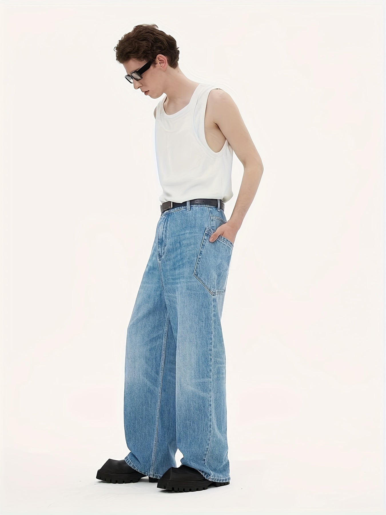 Men's Chic Wide Leg Jeans, Loose Fit Casual Denim Pants for Street Style Fashion