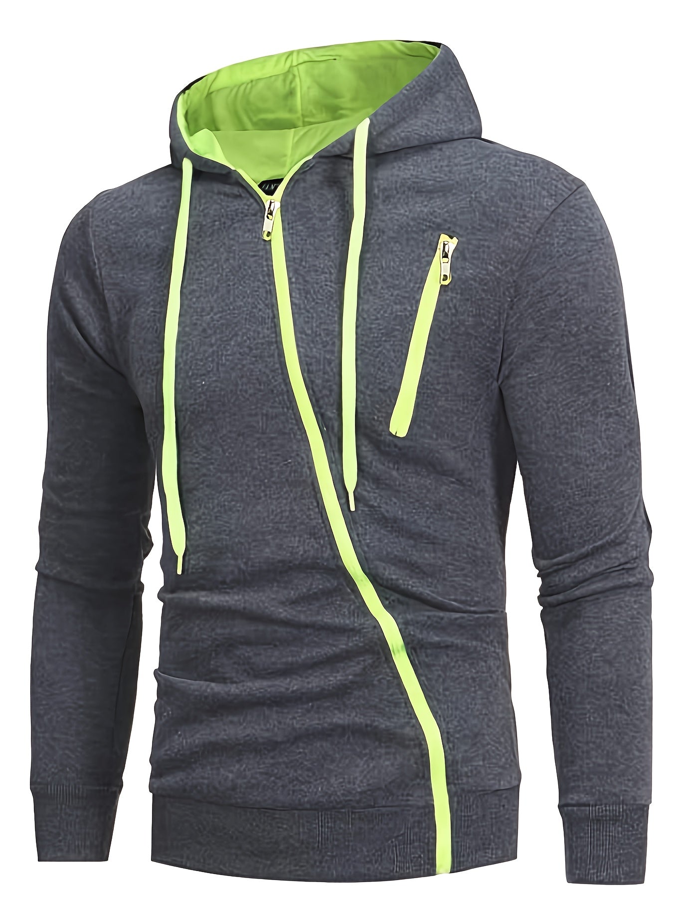 Mens Asymmetrical Zipper Hooded Sweatshirt - Zip-Up Drawstring Coat with Zipper Pockets, Medium Stretch Polyester Fabric, Solid Color, Regular Fit, Hand Wash Only, Perfect for Spring and Fall Casual Wear