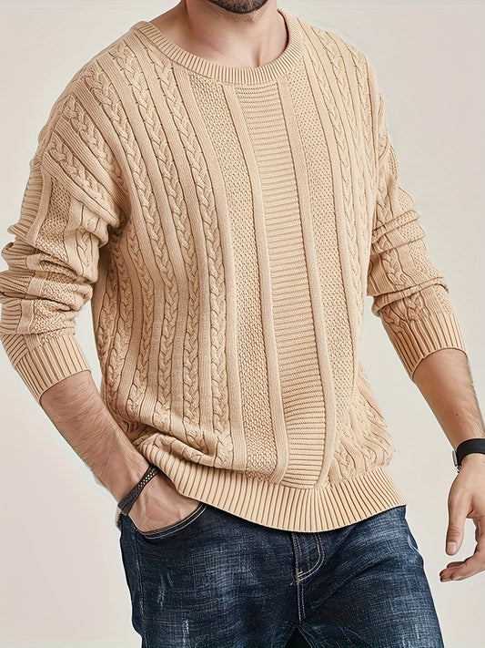 Men's Solid Knitted Pullover, Casual Long Sleeve Crew Neck Sweater For Fall Spring