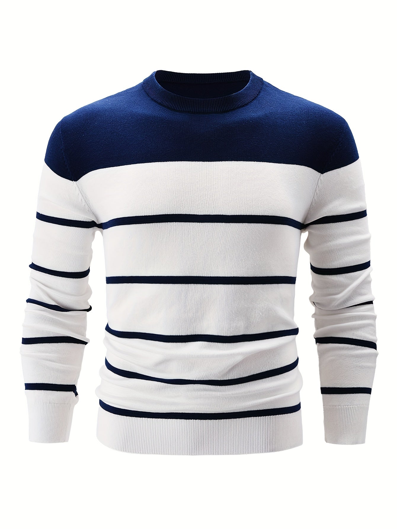 100% Cotton Men's Long Sleeve Casual Striped Crew Neck Sweater - Regular Fit Pullover with Medium Stretch