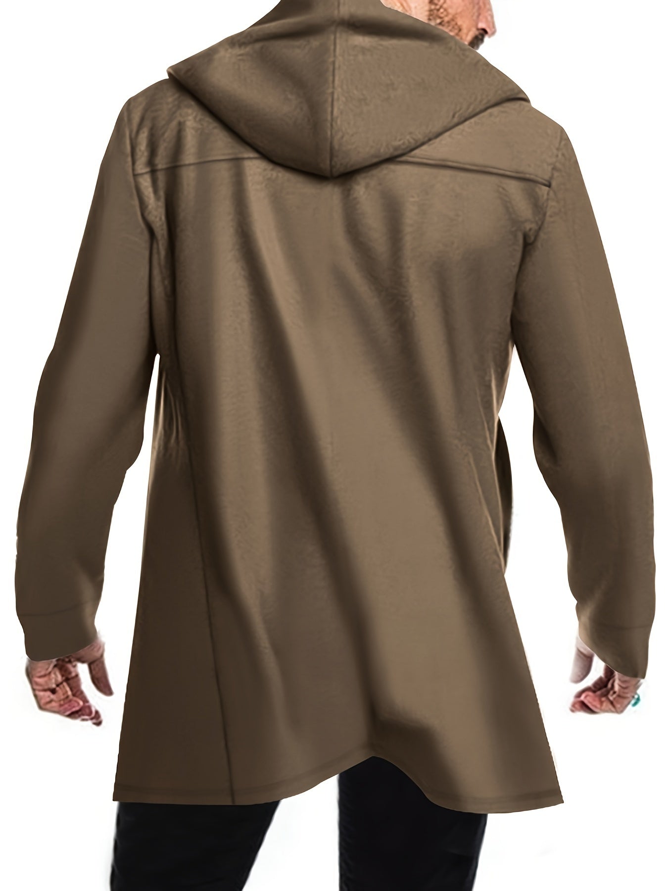 Men's Stylish Mid-Length Hooded Trench Coat - Soft Cotton Blend Knit Fabric with Slight Stretch for Comfort, Solid Color Long Sleeve Outerwear with Classic Button Details and Adjustable Cuffs for Spring/Fall Season