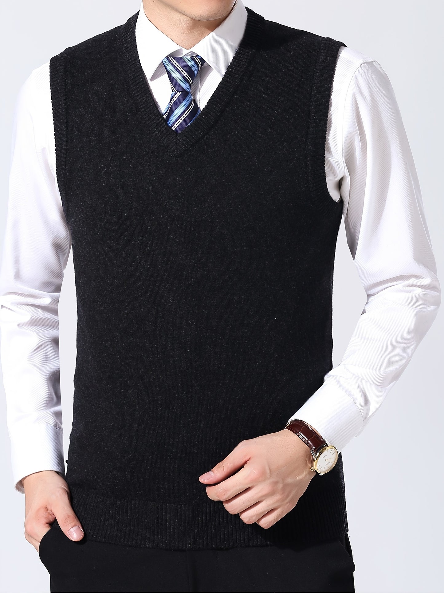 Elegant Slightly Stretch Vest, Men's Casual Vintage Style V Neck Sweater Vest For Fall Winter