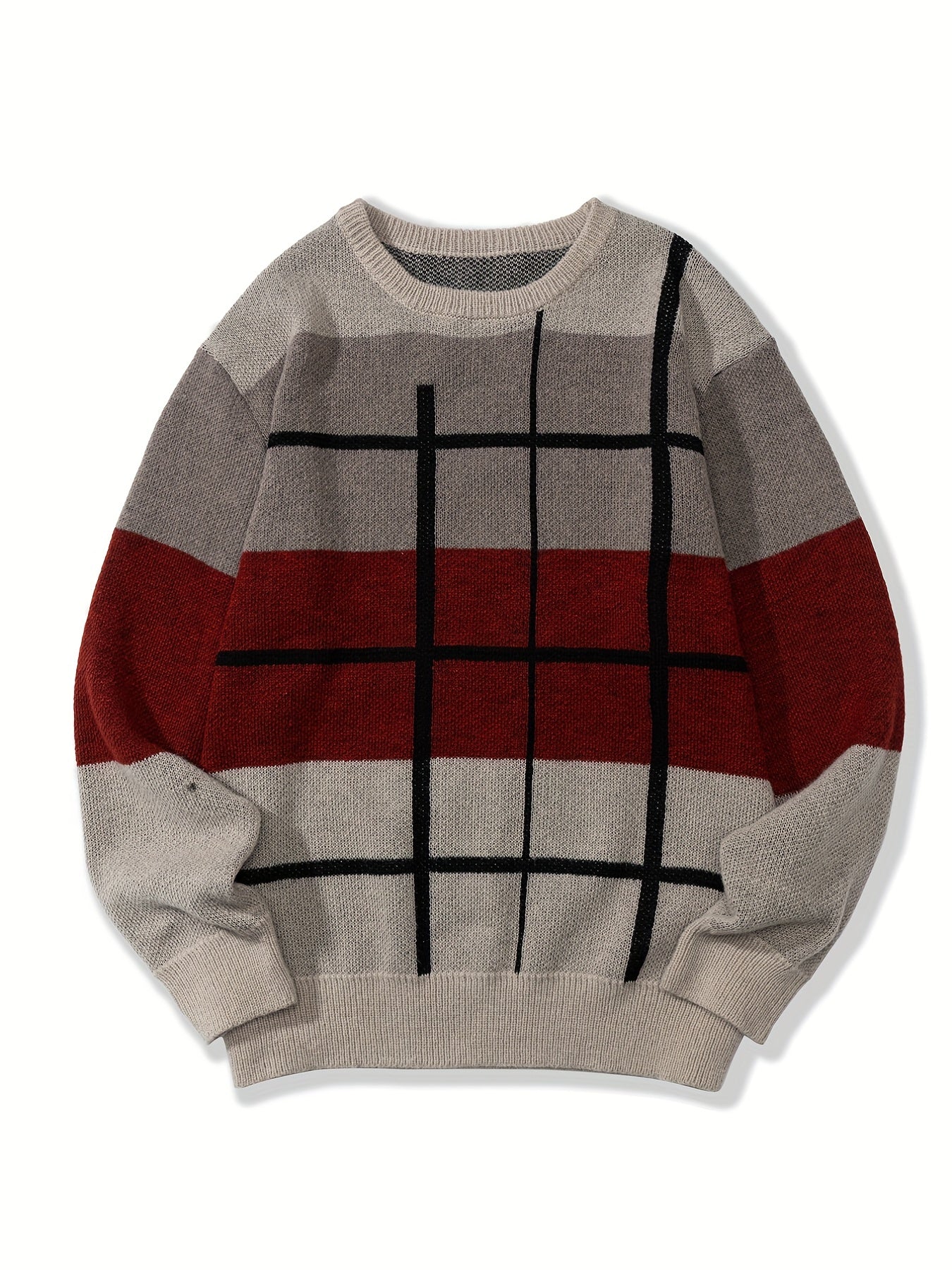 All Match Knitted Color Block Sweater, Men's Casual Warm Slightly Stretch Crew Neck Pullover Sweater For Men Fall Winter