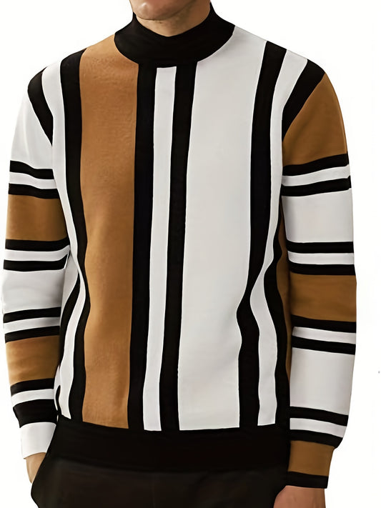 Color Block Design Chic Sweater, Men's Casual Warm High Stretch Crew Neck Pullover Sweater For Fall Winter