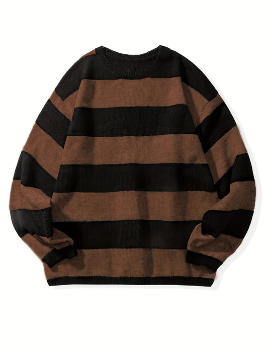 Men's Casual Fashion Striped Pullover Sweater, Spring/Autumn Thin Polyester Knit, Round Neck, Stretchy Fabric, Regular Fit