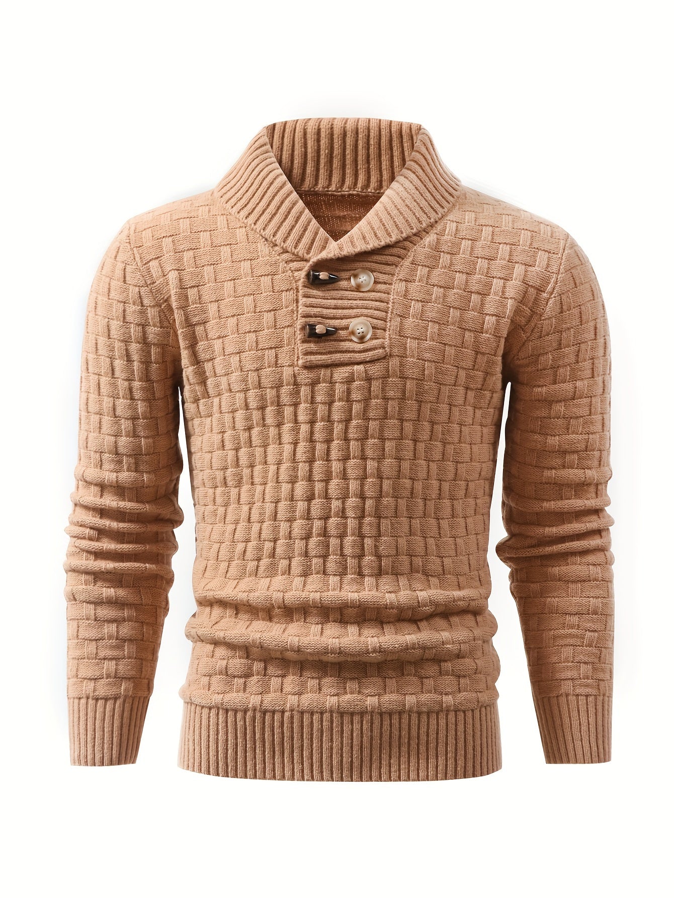 Men's Casual Knit Pullover Sweater with Button Detail, Lapel Collar, Long Sleeve, Polyester Fabric, Solid Color, High Stretch, Skinny Fit - Fall/Winter Collection