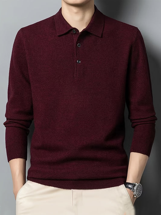 Solid Color Men's Stretch Comfy Knitted Long Sleeve Lapel Shirt, Men's Thin Spring Fall Sweater Pullover Top