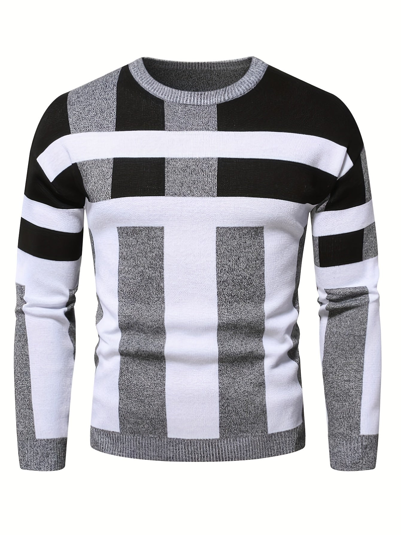 Men's Color Block Round Neck Sweater, Trendy Stretch Warm Pullover For Winter Outdoor